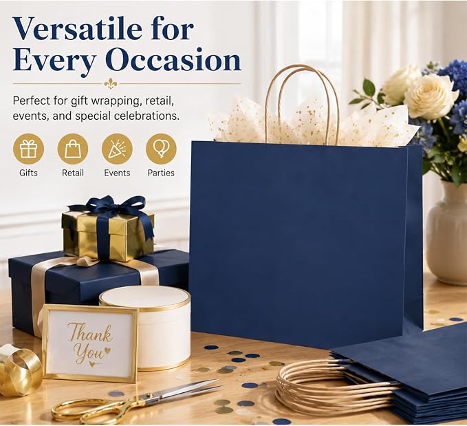 Large Kraft Paper Bags with Handle Bulk for Shopping,70pcs,Navy Blue | 16x6x12 Inch,120GSM,Thick,Durable,8LB Load,Heavy Duty for Retail ,event,boutiques,corporate gifts,wedding,party - Image 5