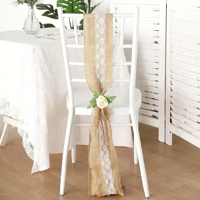 Efavormart 5"x108" | Natural Burlap with Lace Chair Sashes Covers, Hessian Fabric Rustic Jute Chair Sashes Covers, Chair Bow - Image 8