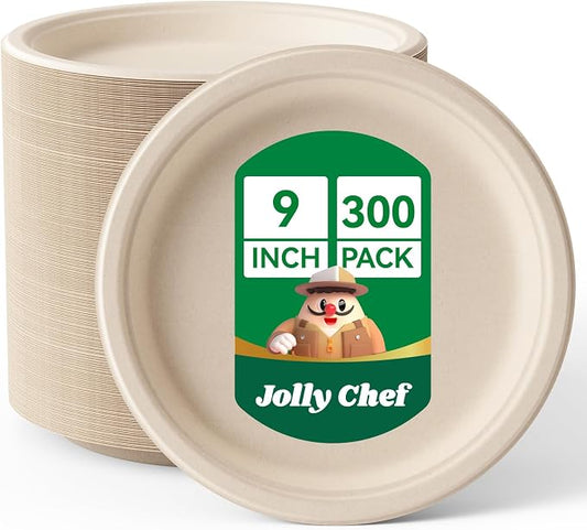 JOLLY CHEF Compostable Heavy Duty Plates 9 Inch [300 Pack] Eco-Friendly Disposable Natural Paper Plates Bagasse Biodegradable Sugarcane Bulk for Party Dinner Lunch Hot Cold Food Christmas (Brown) by JOLLYCHEF