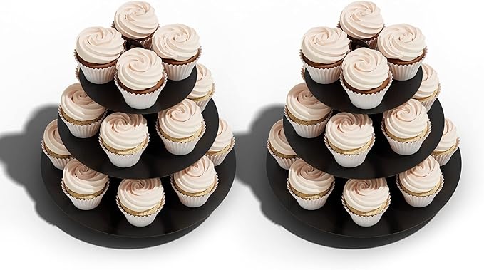 2 Pack Cupcake Stand Tower, BLISSUR Black 3 Tier Cupcake Stand, Cardboard Dessert Cupcake Stand Holder for Parties, Tiered Cupcake Stand (Black)