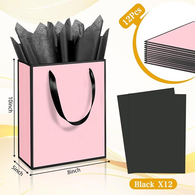 Epoesch 12 Pack Gift Bags with Handles & 12 Tissue Papers – 8x5x10 Inches | Pink with Black Edge for Birthday Parties, Weddings, Baby Showers, Holidays, Christmas, Thank You & Welcome Gifts - Image 2