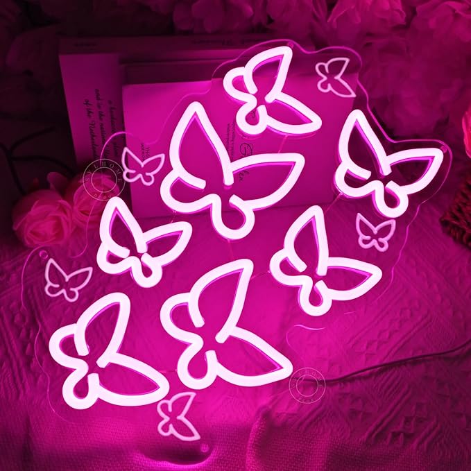 SYLHOME Pink Butterfly Led Neon Light Sign Bedroom Girls Room Kids Room Wall Sign Decor Cute Beauty Salon Birthday Christmas Party Decoration 15.75" X 10.1" USB