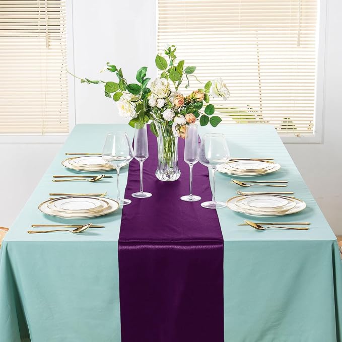 SI Pack of 10 Wedding 12 x 108 inch Satin Table Runner for Wedding, Decorations for Graduations, Engagements, Birthday Parties, Banquets, Runners fit Rectangle, Round Table - Eggplant - Image 4