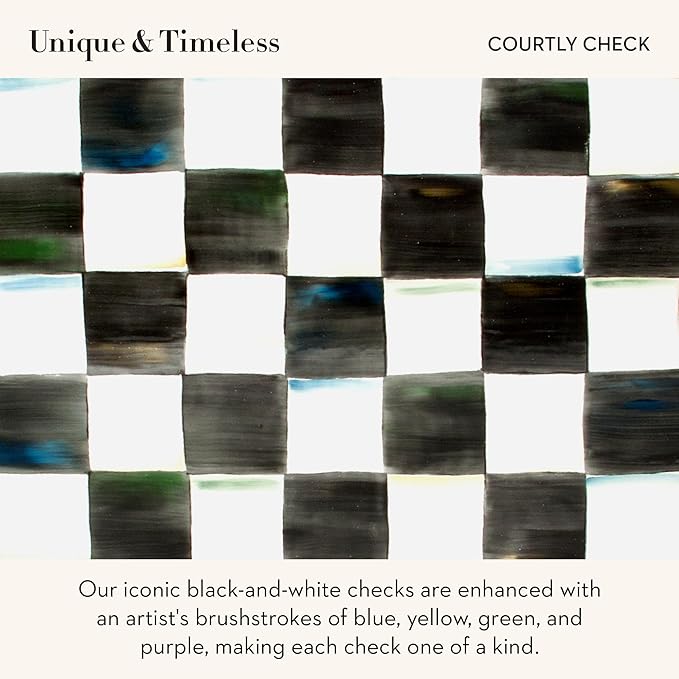 MACKENZIE-CHILDS Enamel Pedestal Serving Platter, Decorative Serving Dish for Food, Mini, Black-and-White Courtly Check