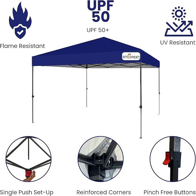 BTExpert 10x10 1-Person One Push Setup Instant Canopy Pop Up, 1 Touch Portable Folding Shelter Outdoor Gazebo Shade Tent w/Adjustable Height, Wind Vent Carrying Wheeled Bag Home Event Garden BBQ