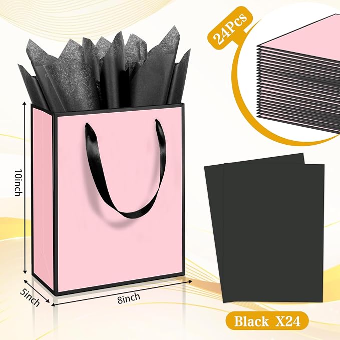 Epoesch 24 Pack Gift Bags with Handles & 24 Tissue Papers – 8x5x10 Inches | Pink with Black Edge for Birthday Parties, Weddings, Baby Showers, Holidays, Christmas, Thank You & Welcome Gifts - Image 2