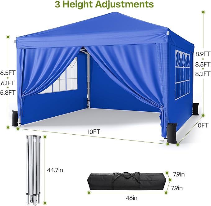 10x10 Pop Up Canopy with Sidewalls, Instant Portable Canopy Tent with Carry Bag for Commercial Events, Camping, Parties - Blue