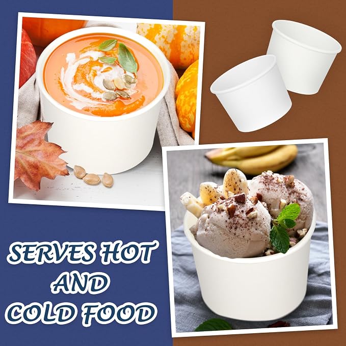 Nuenen 100 Pcs 8 oz Summer Ice Cream Paper Cups Bulk Disposable Dessert Cups Solid Color Paper Dessert Bowls for Snack Sundae Spring Party Favors Ice Cream Bar Supplies (White) - Image 4