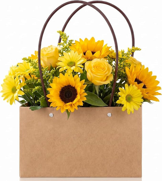 Gilprop 1 Packs Bouquet Bag Kraft Paper Flower Gift Bags with Handle Bouquet Bag Box with Waterproof Lining for Birthday Wedding Party Favors, 13.8 x 8.7 x 5.1 x 4.3 Inch, Brown by Gilprop
