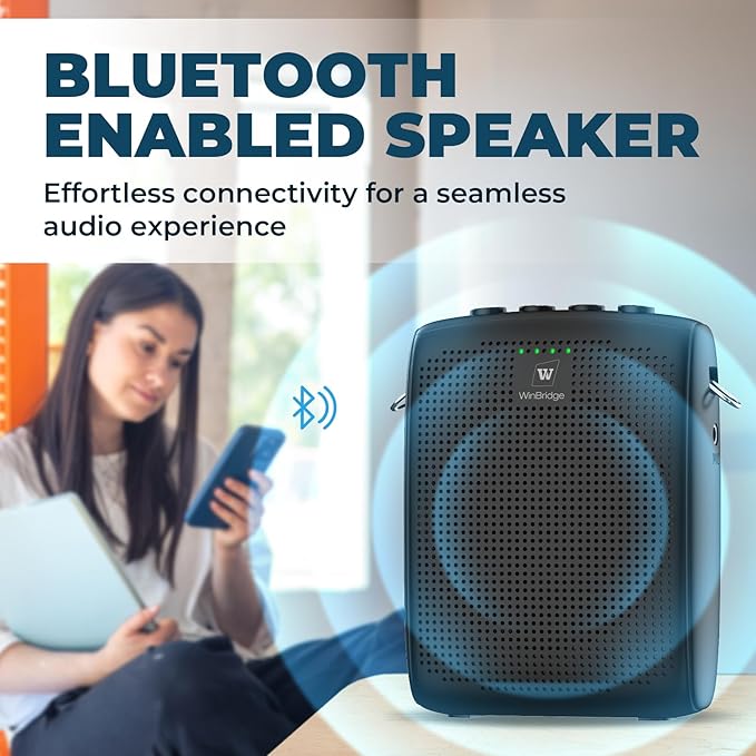 WinBridge Wireless Voice Amplifier with Bluetooth Lavalier Lapel Microphone for Teachers,Portable Speaker and Wireless Clip On Microphone System, Mini Megaphone Speaker Mic Set 15W 2600mAh WB005
