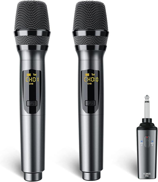 LEKATO Wireless Microphone Rechargeable Wireless Microphones with Receiver Dual Handheld Microphone System Dynamic MIC for Singing, Speech, Wedding, Church,Speaker, PA System(K380S)