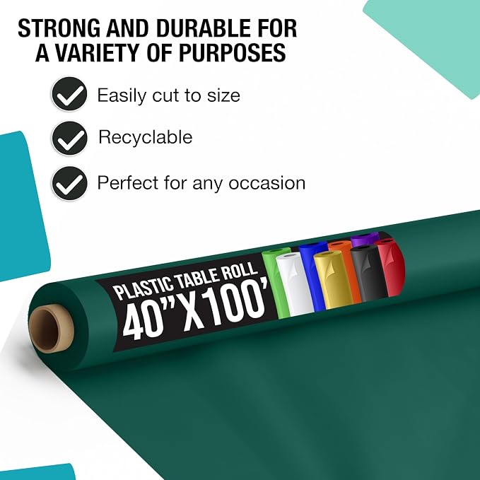 Exquisite Party Solids Dark Green Plastic Table Cover Roll Pack of 6, 40" X 100' Table Cloth Plastic Cover Roll - Premium Quality Thick 0.5 MIL Banquet Rolls - Disposable Tablecloth Rolls - Image 2