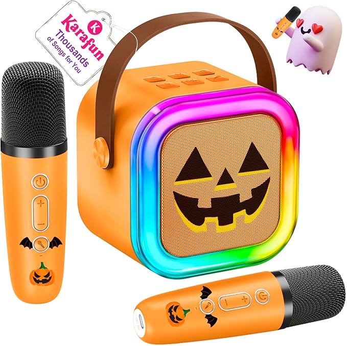 Mini Karaoke Machine for Kids, Halloween Party Supplies & 2025 TOP Toy Gifts Ideas for Girls Boys Ages 4-12, Portable MP3 Player with 2 Wireless Mics for Birthday Christmas Singing Games（Pumpkin）