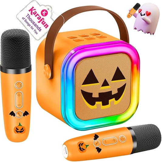 Mini Karaoke Machine for Kids, Halloween Party Supplies & 2025 TOP Toy Gifts Ideas for Girls Boys Ages 4-12, Portable MP3 Player with 2 Wireless Mics for Birthday Christmas Singing Games（Pumpkin）