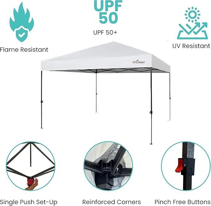 BTEXPERT 10x10ft 1-Person Setup Instant Pop Up Canopy Tent, One Touch Portable Commercial Shelter Outdoor Gazebo 1-Button Push Carrying Wheeled Bag for Home Party Deck Beach Wedding Camping Backyard