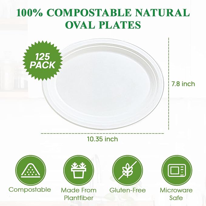 Vplus 100% Compostable Oval Paper Plates 10 inch 125 Pack, White | Super Strong, Disposable Paper Plates, Bagasse Natural Biodegradable, Sugarcane for BBQ, Party, Dinner, and Picnic - Image 5