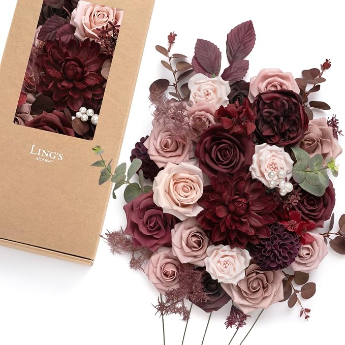 Ling's moment Artificial Wedding Flowers Combo, Dusty Rose & Burgundy, Deluxe | Fake Flower Greenery Stems Foam Roses Dahlia Silk Peonies Eucalyptus for DIY Bridal Bouquets, Table Centerpieces, Home Decor by LingsMoment