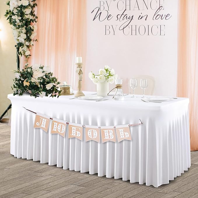 Outpain 2 Pack White Table Clothes for 8 Foot Rectangle Tables, One-Piece Wrinkle Resistant Stretch Spandex Table Covers with Skirt for Event Banquet Wedding Birthday Party - Image 3
