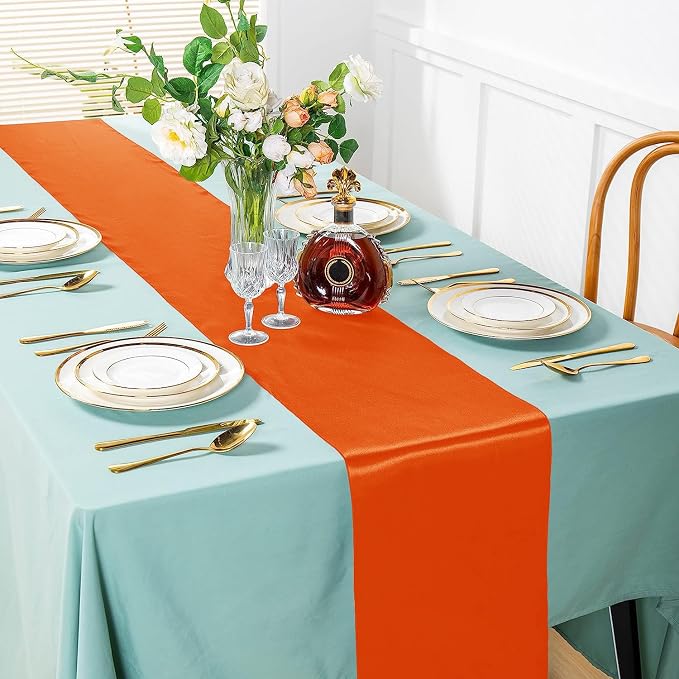 SI Pack of 25 Wedding 12 x 108 inch Satin Table Runner for Wedding, Decorations for Graduations, Engagements, Birthday Parties, Banquets, Runners fit Rectangle, Round Table - Orange - Image 2