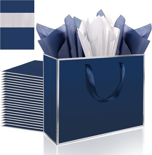 Addblu 12 Pack Navy Blue Large Gift Bags with Handles & 36 Tissue Papers | 11.8x10x4 Inches for Thank You, Weddings, Groomsmen, Baby Showers, Birthdays, Christmas & Holidays by Unknown