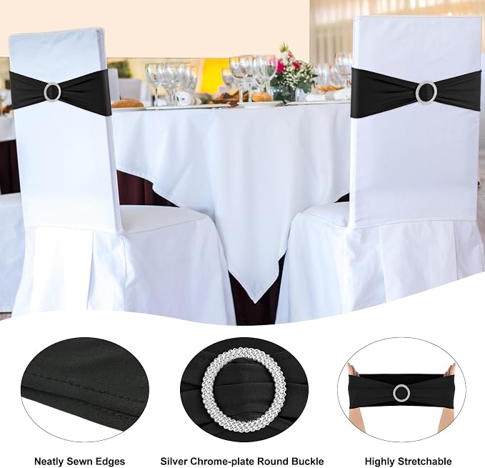 Black Chair Sashes 100 Pack Spandex Stretch Chair Band Sashes with Buckles for Folding Chairs Wedding Party Reception Baby Shower Events Banquet Decorations - Image 3
