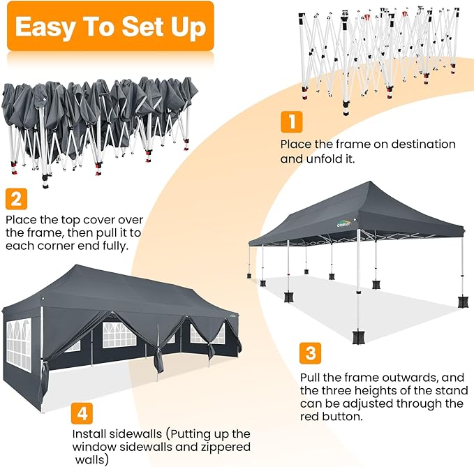 COBIZI 10x30 Pop up Canopy with Roller Bag & 8 Removable Sidewalls, Canopy Tent for Parties, Wedding, and Commercials, Waterproof and Instant Shelter UV50+ Outdoor Gazebo with 4 Sandbags(Gray)