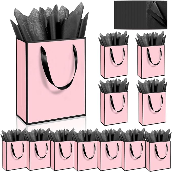 Epoesch 12 Pack Gift Bags with Handles & 12 Tissue Papers – 8x5x10 Inches | Pink with Black Edge for Birthday Parties, Weddings, Baby Showers, Holidays, Christmas, Thank You & Welcome Gifts by Unknown