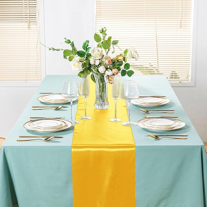 SI Pack of 10 Wedding 12 x 108 inch Satin Table Runner for Wedding, Decorations for Graduations, Engagements, Birthday Parties, Banquets, Runners fit Rectangle, Round Table - Yellow Gold - Image 4