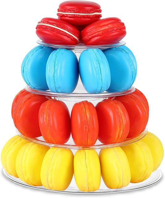 Juexica 1 Pcs Round Macaron Display Tower Stand 4 Tiers Plastic Cake Rack Macaron Wedding Cupcake Display Food Serving Stands Clear Dessert Tower for Wedding Baby Shower Birthday Decoration
