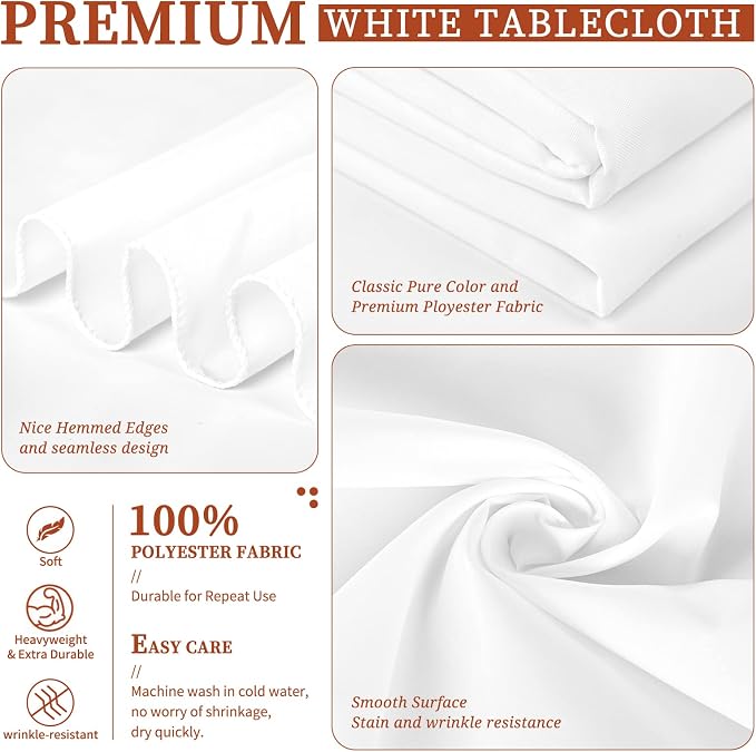 Showgeous 12 Pack White Polyester 60x102 Inch Tablecloths | Soft polyester, wrinkle resistant, fade resistant, smooth finish, fine stitching, folded hems, reusable, machine washable - Image 4