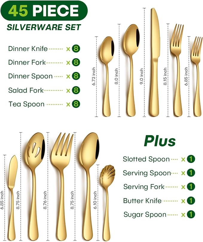 45 Piece Gold Silverware Set with Serving Utensils, Stainless Steel Flatware Set for 8 Food Grade Cutlery Utensil Set Include Knife Fork Spoon Mirror Polished Dishwasher Safe