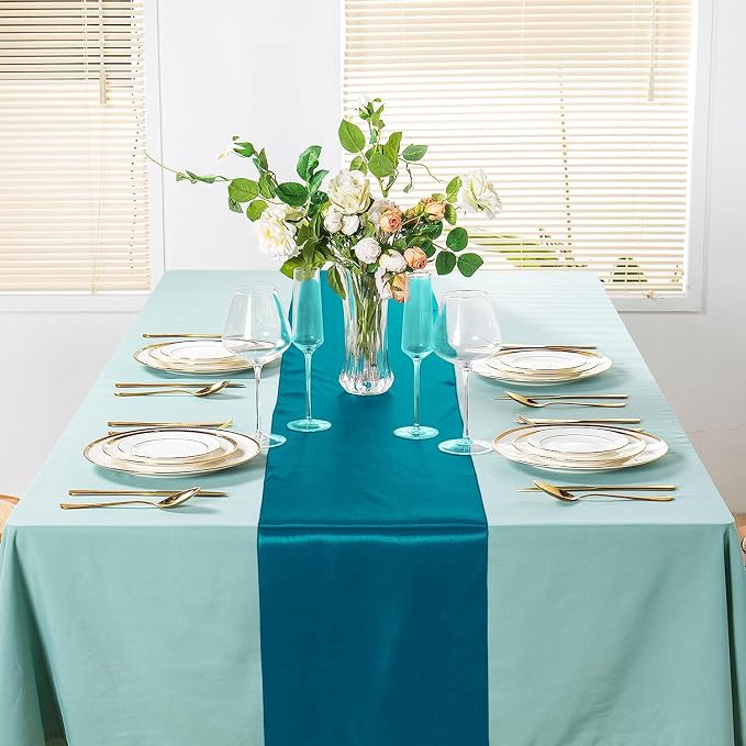 SI Pack of 5 Wedding 12 x 108 inch Satin Table Runner for Wedding, Decorations for Graduations, Engagements, Birthday Parties, Banquets, Runners fit Rectangle, Round Table - Teal - Image 4