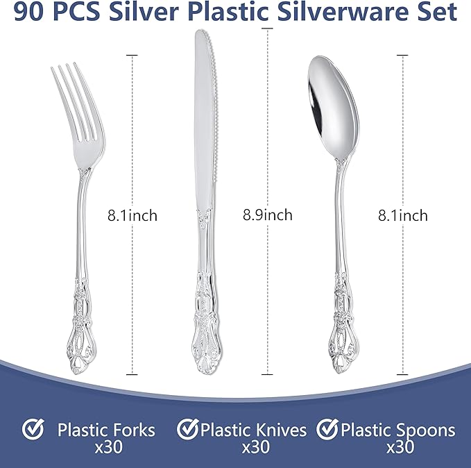90PCS Silver Plastic Silverware - Heavy Duty Silver Disposable Cutley - Fancy Plastic Utensils Flatware Include 30 Forks, 30 Spoons, 30 Knives for Catering, Parties, Dinners, Weddings