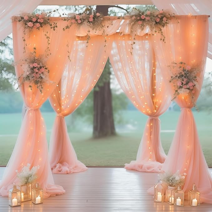 10ft x 8ft Peach Backdrop Curtain with Lights String for Parties, Sheer Tulle Wedding Photo Backdrops Drapes for Baby Shower Birthday Party Decorations Background for Photography - Image 2