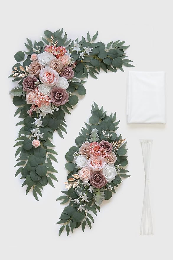 Olalaka Dusty Rose Artificial Wedding Arch Flowers Kit (Pack of 3) with 26Ft White Shiny Arch Draping Fabric for DIY Wedding Party Ceremony Reception Backdrop Floral Decoration - Image 3