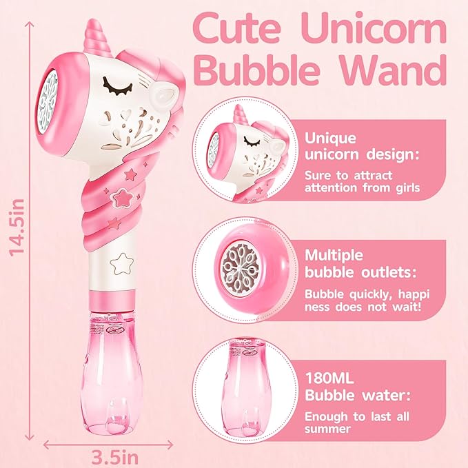 Unicorn Bubble Machine Wand Gifts for Kids Toddlers Age 1 2 3 4 5 6 7 8 Years Old Birthday Party Unique Cute Baby Outdoor Outside Summer Toy Easter Day Game for Little Girl Boy Include Solution Pink