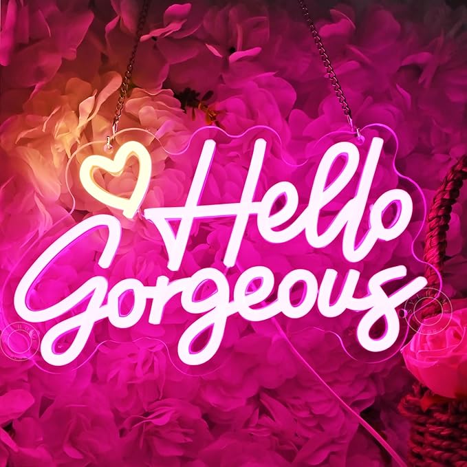 SYLHOME Hello Gorgeous Led Neon Light Sign Heart Bedroom Girls Room Wall Decor Sign Bar Beauty Studio Salon Wedding Birthday Christmas Party Decoration 11.8" X 6.8" USB
