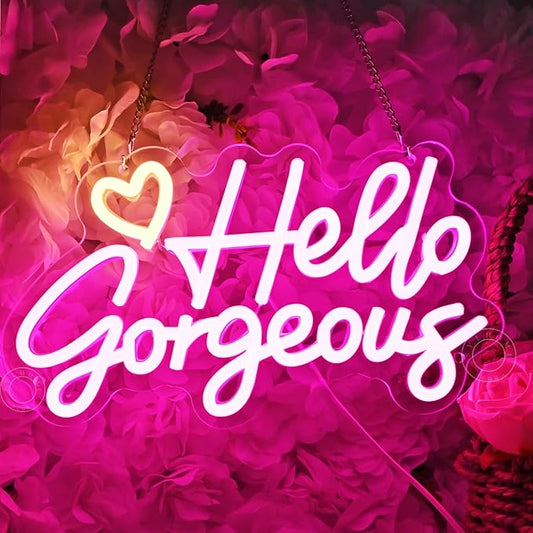 SYLHOME Hello Gorgeous Led Neon Light Sign Heart Bedroom Girls Room Wall Decor Sign Bar Beauty Studio Salon Wedding Birthday Christmas Party Decoration 11.8" X 6.8" USB