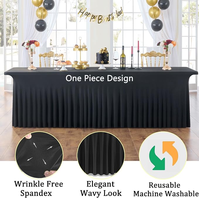 3 Pack Black Spandex Tablecloths for 8 Foot Rectangle Tables, Stretchy Fitted 8ft Table Cloths, Wrinkle Free Table Cloth Cover for Parties Weddings Birthday Banquet Baby Shower - Image 3