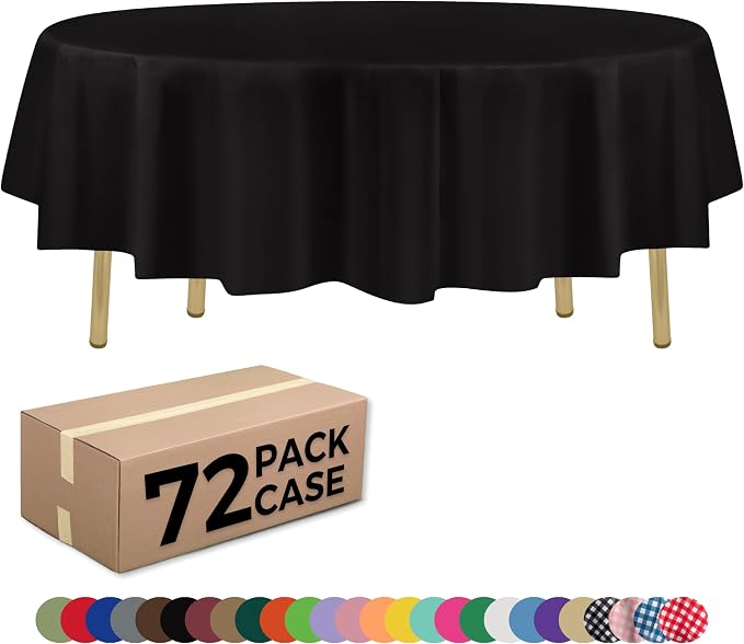 ZIMPLEWARE Black Standard Disposable Plastic Party Tablecloth [Case of 72] 84 x 84” Round Table Cover for Indoor & Outdoor Use by Zimpleware