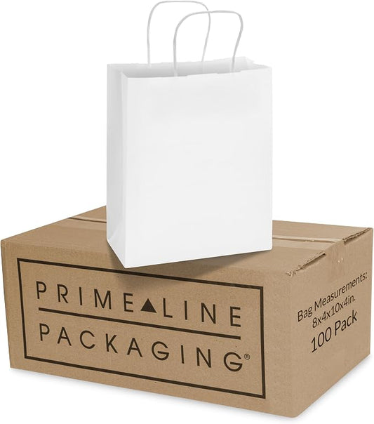 Prime Line Packaging White Craft Bags with Handles, 8x4x10 100 Pack Shopping Bags for Small Business, Boutiques, Retail, Merchandise, Events, Bulk by PrimeLinePackaging