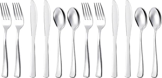 300Pieces Silver Plastic Silverware - Heavy Duty Disposable Utensils - Silver Plastic Cutlery Set Includes 100 Forks, 100 Spoons, 100 Knives for Dinner Parties Weddings (Pack of 2)