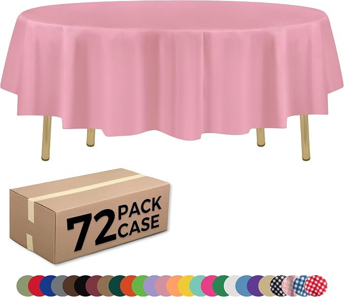 ZIMPLEWARE Pink Standard Disposable Plastic Party Tablecloth [Case of 72] 84 x 84” Round Table Cover for Indoor & Outdoor Use by Zimpleware