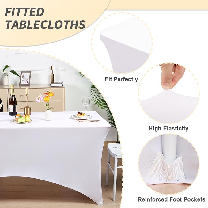 Fixwal 6 Pack 8FT White Tablecloth Rectangle Spandex Fitted Table Cover - Image 2