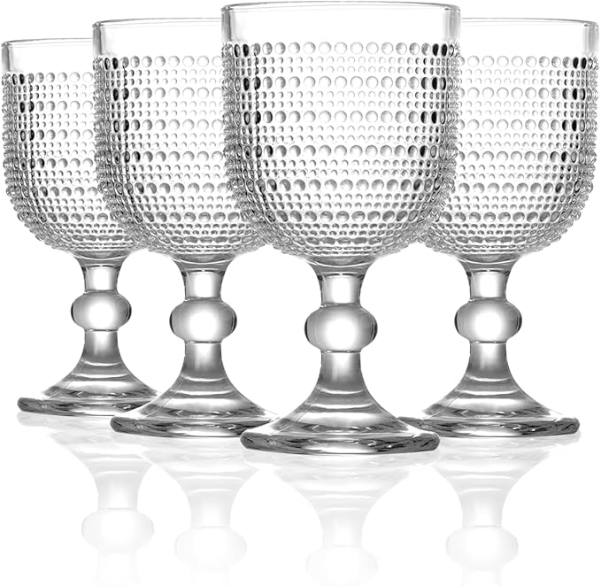 12 oz Clear Vintage Wine Glasses,Hobnail Drinking Glasses Set of 4,Embossed Goblet Glasses for Wedding,Party, Dinner,Bar