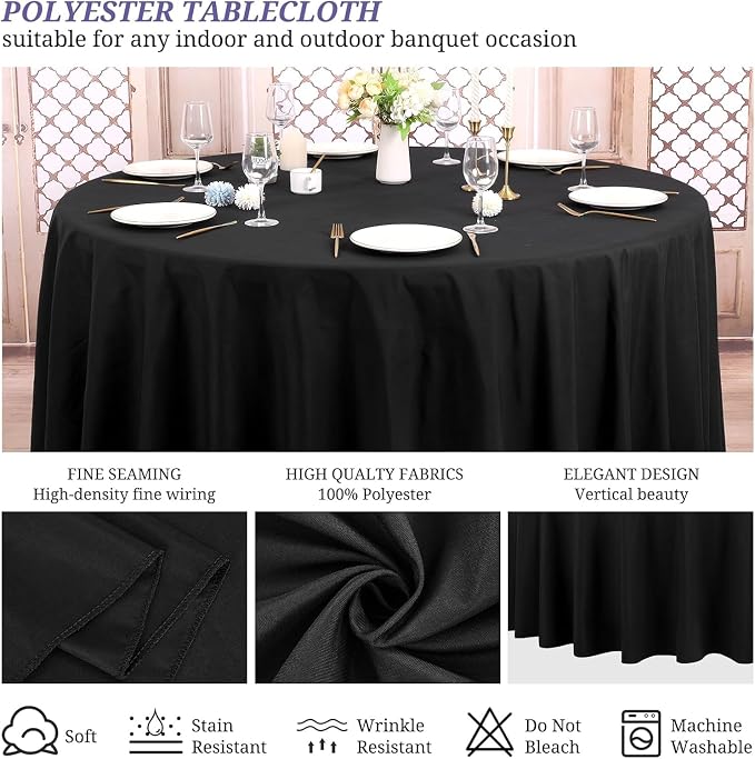 90 Inch Black Round Tablecloth, Premium Soft Touch Polyester Table Cloth, Wrinkle Free & Water Resistant Circular Table Cover for Weddings, Parties, Banquets and Everyday Dining - Image 2