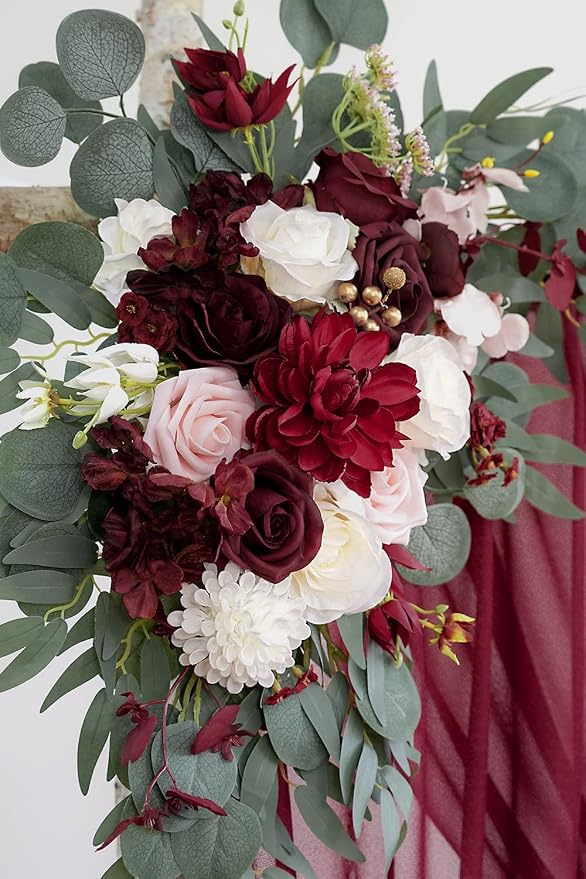 Olalaka Burgundy Artificial Wedding Arch Flowers Kit (Pack of 3) with 26Ft Burgundy Shiny Arch Draping Fabric for DIY Wedding Party Ceremony Reception Backdrop Floral Decoration - Image 5
