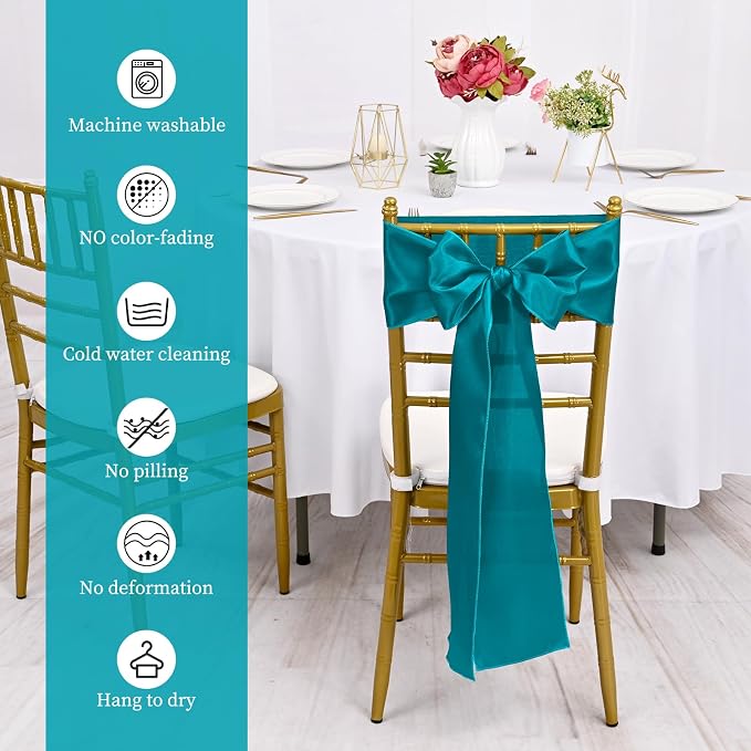 Showgeous 50 Pack Turquoise Satin Chair Sashes Bows,7x108 Inches | Silky satin finish, secure stitching, overlocked edges, flexible tie styling, reusable, machine washable - Image 4