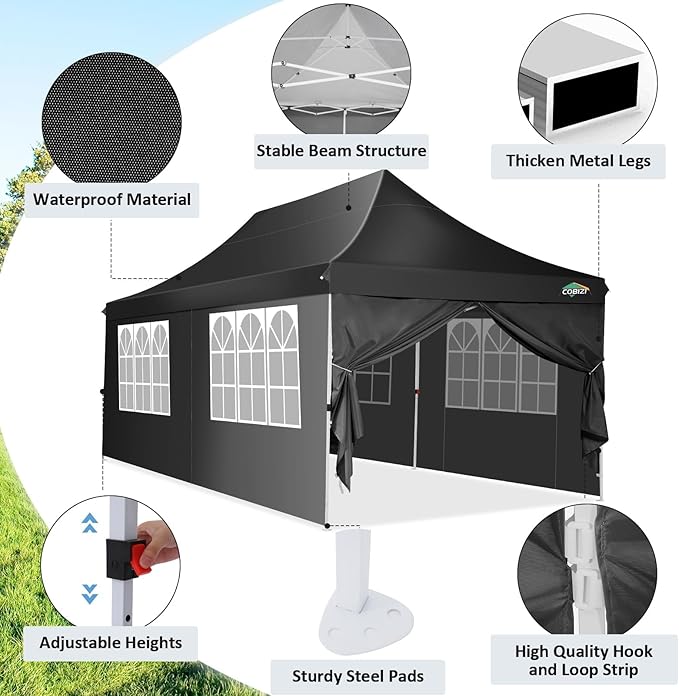 COBIZI 10x20 Pop Up Canopy with 6 Sidewalls, Conical Canopy Tents for Parties, Backyard, Commercial, Waterproof Event Tent Instant Shelter UV50+ Outdoor Gazebo with 4 Sandbags (Peak Drainage)