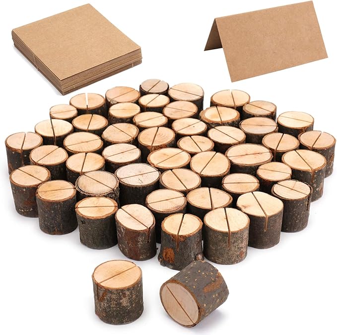 Tosnail 50 Pieces Wooden Place Card Holders with 50 Kraft Paper Cards, Rustic Wood Table Number Stands, Photo Holder for Wedding Party Decoration, Photo Display